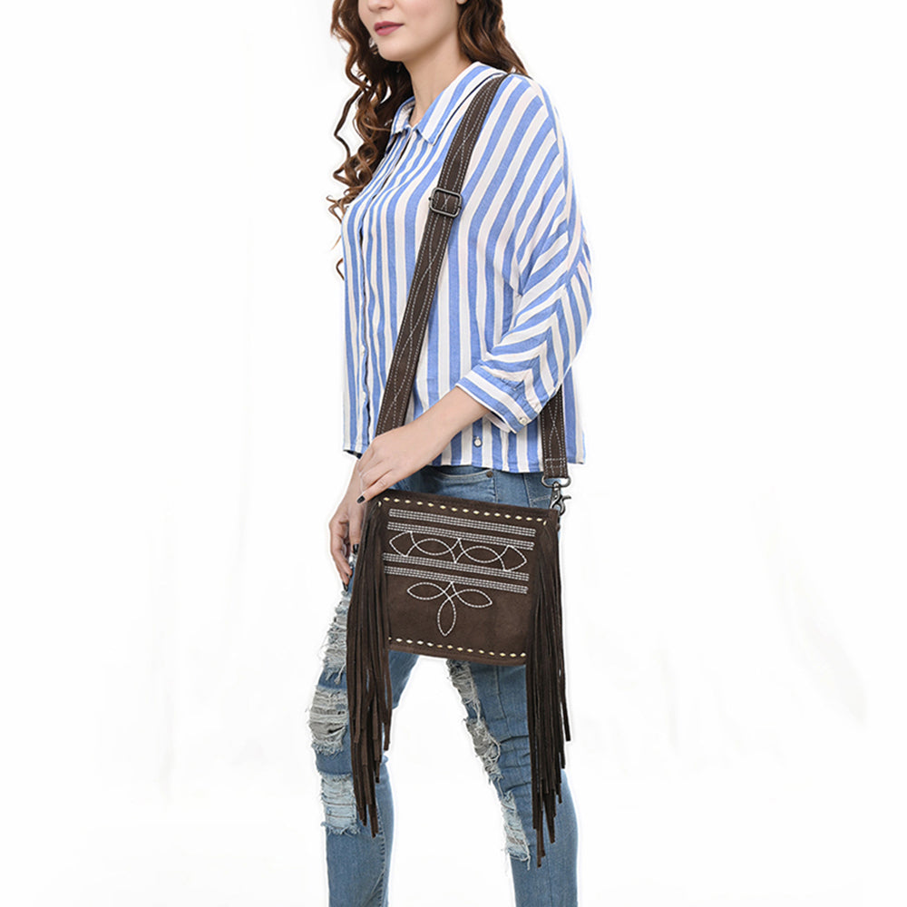 ADBG1572 American Darling Western Genuine Suede Leather Crossbody Bag with Fringe & Buck Stitch Detailing