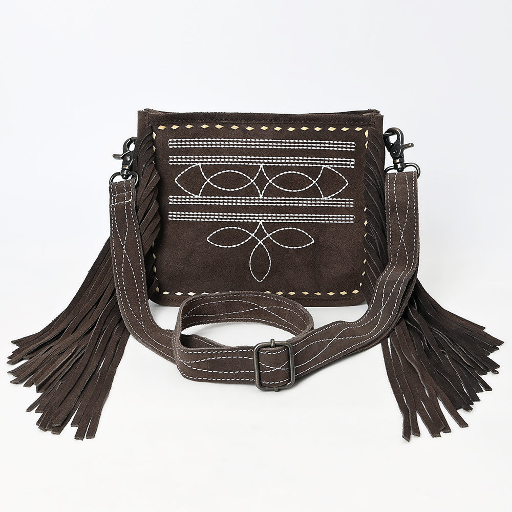 ADBG1572 American Darling Western Genuine Suede Leather Crossbody Bag with Fringe & Buck Stitch Detailing