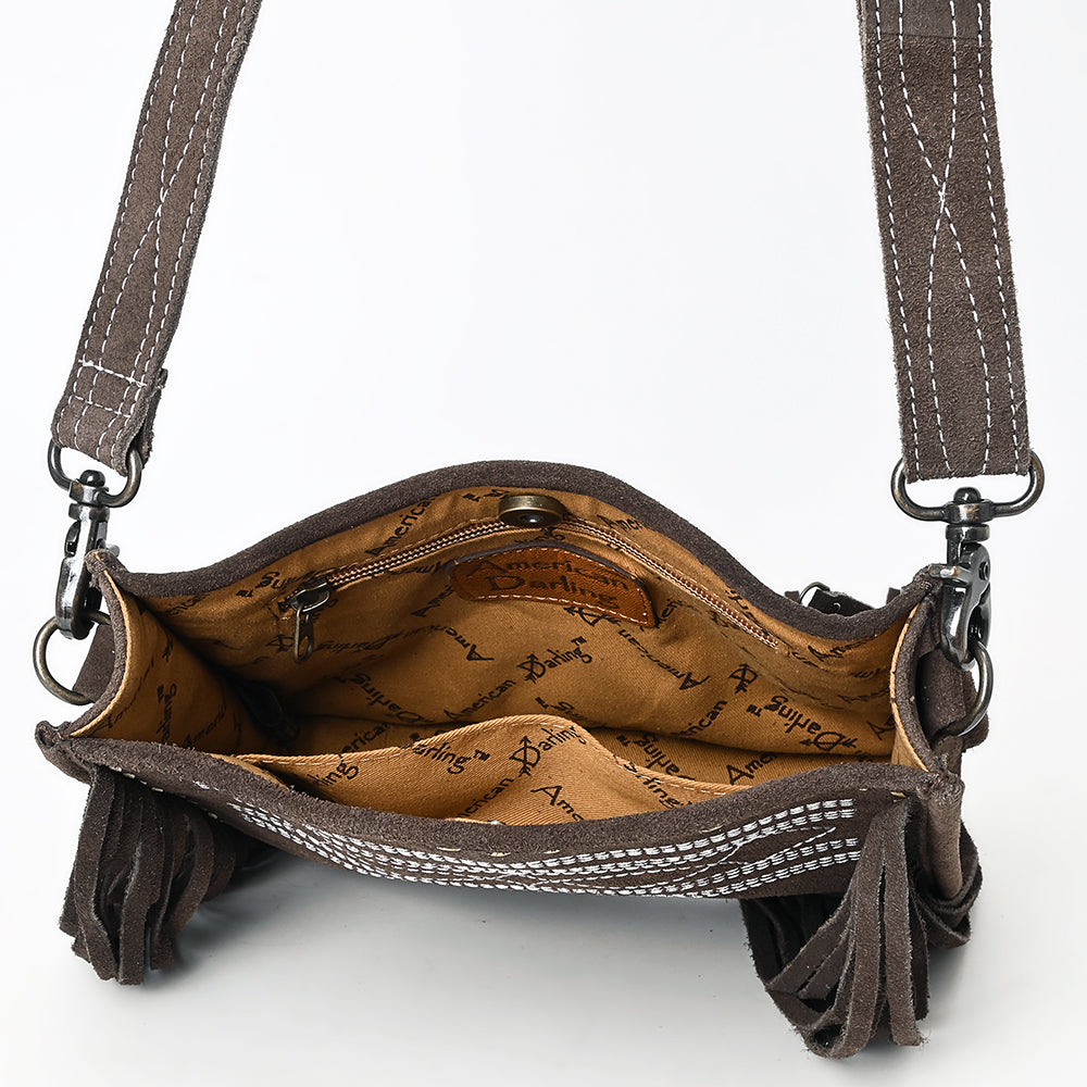 ADBG1572 American Darling Western Genuine Suede Leather Crossbody Bag with Fringe & Buck Stitch Detailing