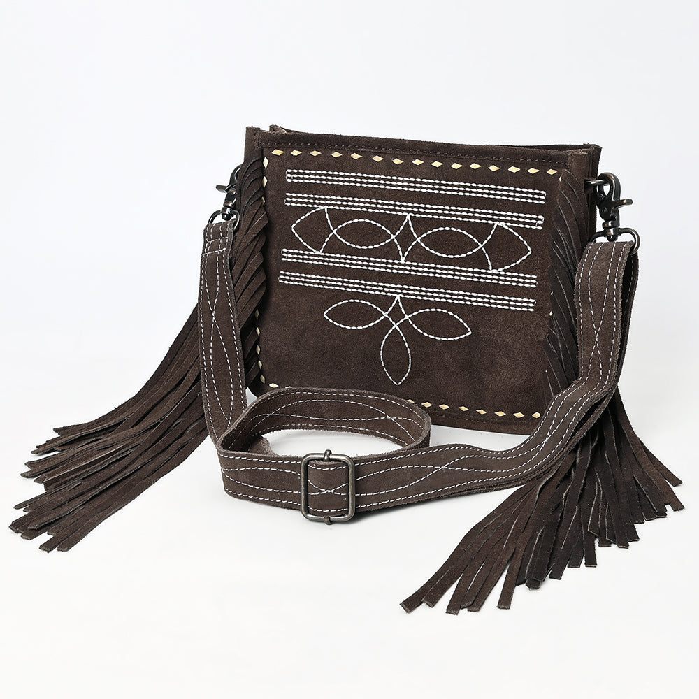 ADBG1572 American Darling Western Genuine Suede Leather Crossbody Bag with Fringe & Buck Stitch Detailing