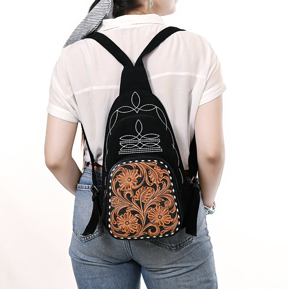 ADBG1573 American Darling Black Suede Genuine Leather Sling Bag with Hand Tooled Floral Front & Buck Stitch Details