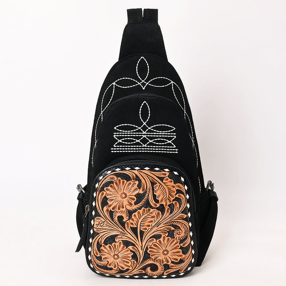 ADBG1573 American Darling Black Suede Genuine Leather Sling Bag with Hand Tooled Floral Front & Buck Stitch Details