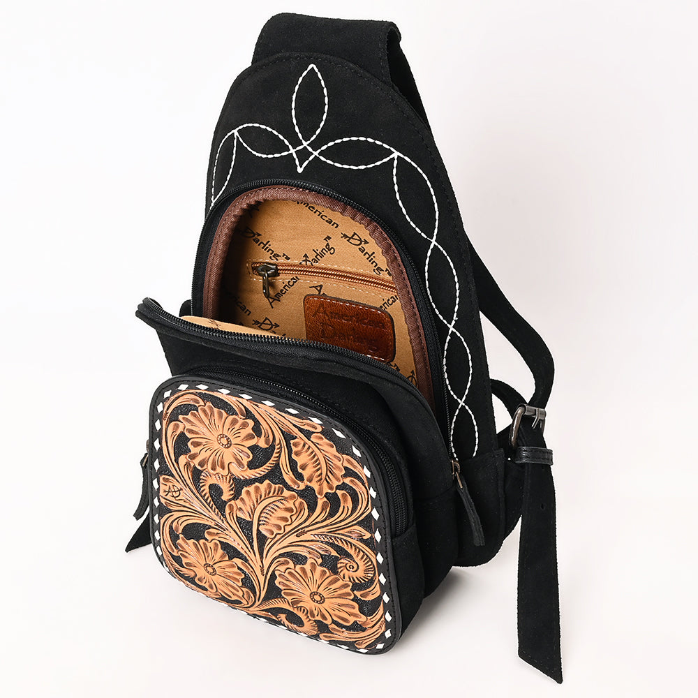 ADBG1573 American Darling Black Suede Genuine Leather Sling Bag with Hand Tooled Floral Front & Buck Stitch Details