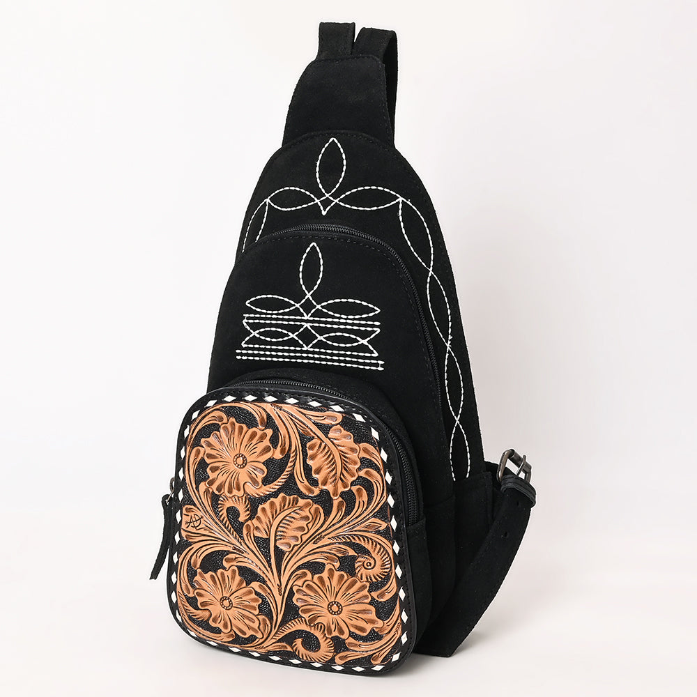 ADBG1573 American Darling Black Suede Genuine Leather Sling Bag with Hand Tooled Floral Front & Buck Stitch Details