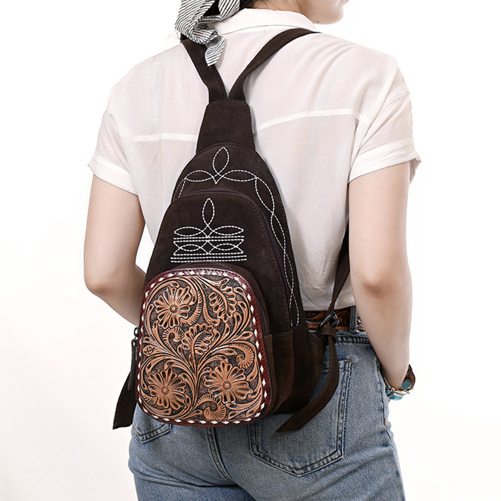 ADBG1573 American Darling Genuine Suede Leather Sling Bag with Hand Tooled Floral Front & Buck Stitch Details