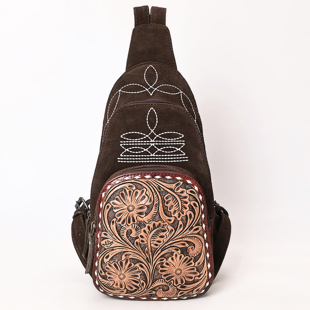 ADBG1573 American Darling Genuine Suede Leather Sling Bag with Hand Tooled Floral Front & Buck Stitch Details