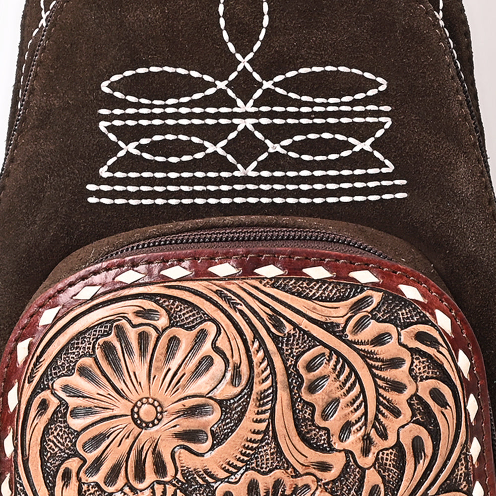 ADBG1573 American Darling Genuine Suede Leather Sling Bag with Hand Tooled Floral Front & Buck Stitch Details