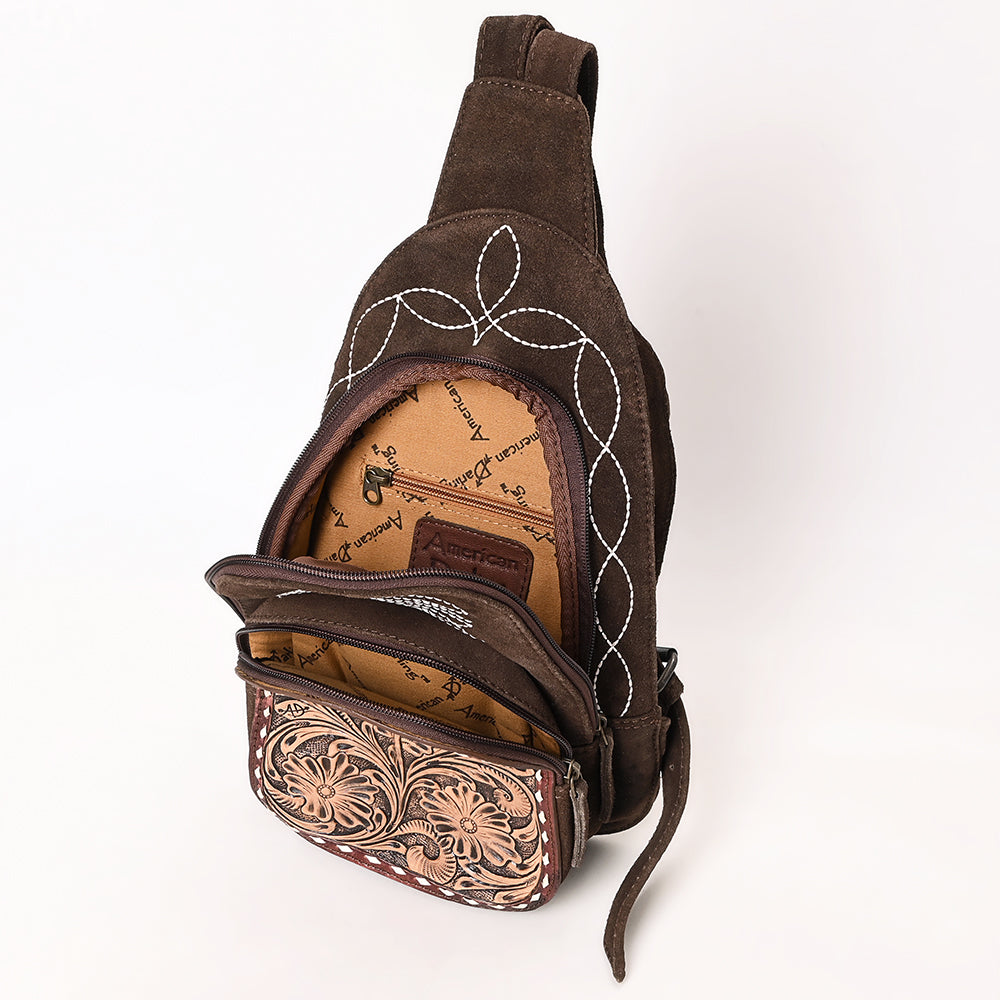 ADBG1573 American Darling Genuine Suede Leather Sling Bag with Hand Tooled Floral Front & Buck Stitch Details