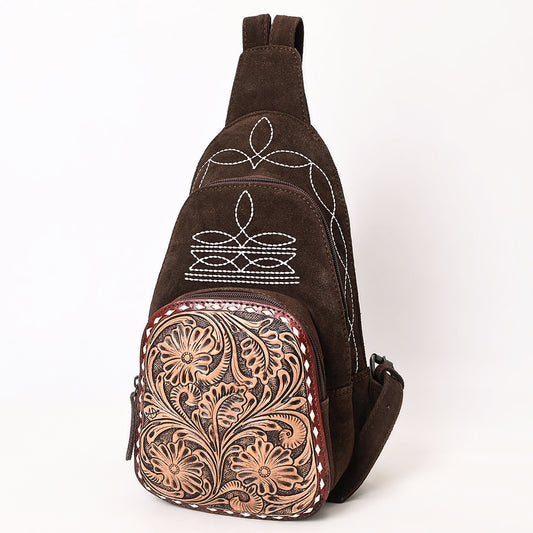 ADBG1573 American Darling Genuine Suede Leather Sling Bag with Hand Tooled Floral Front & Buck Stitch Details