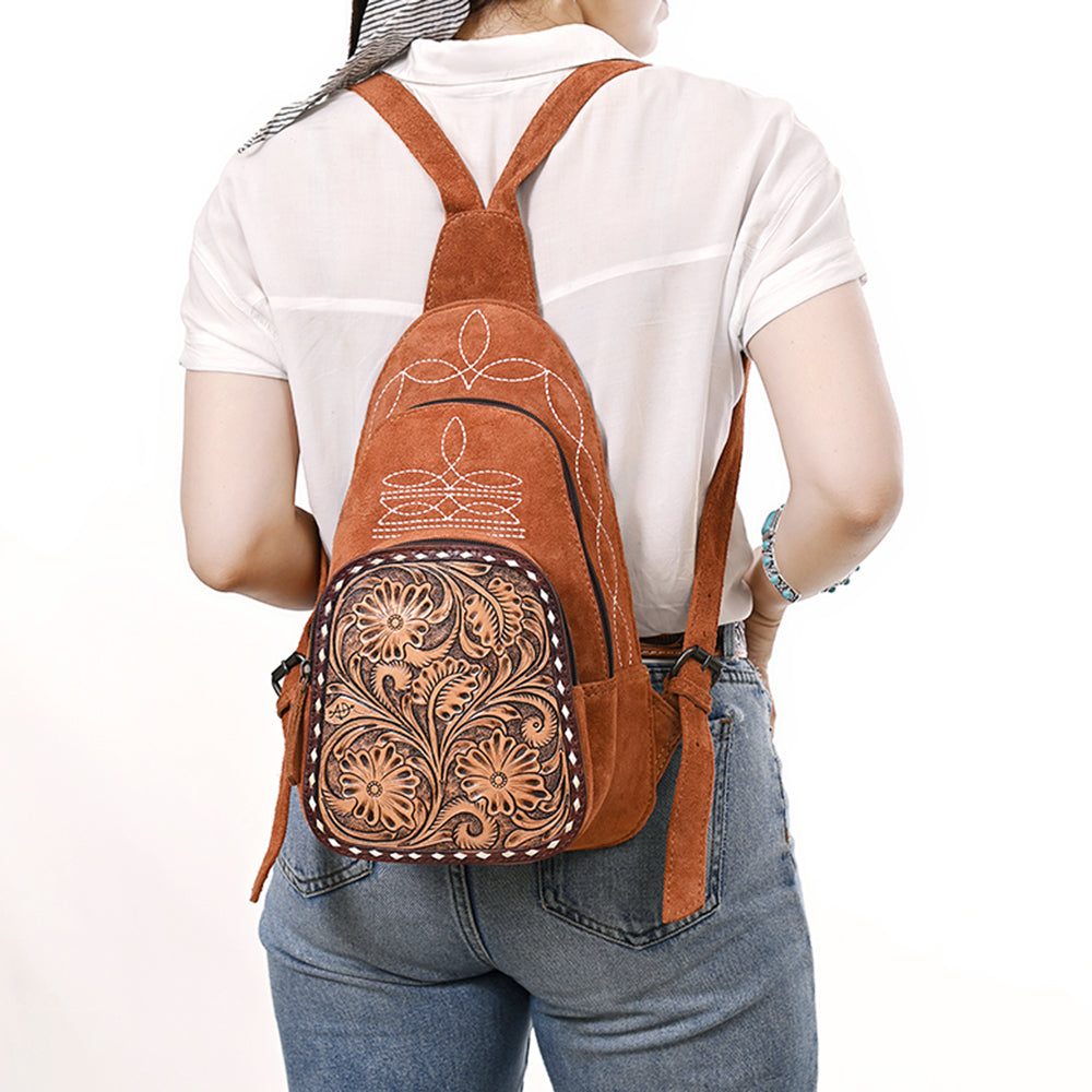 ADBG1573 American Darling Genuine Suede Leather Sling Bag with Hand Tooled Floral Front & Buck Stitch Details