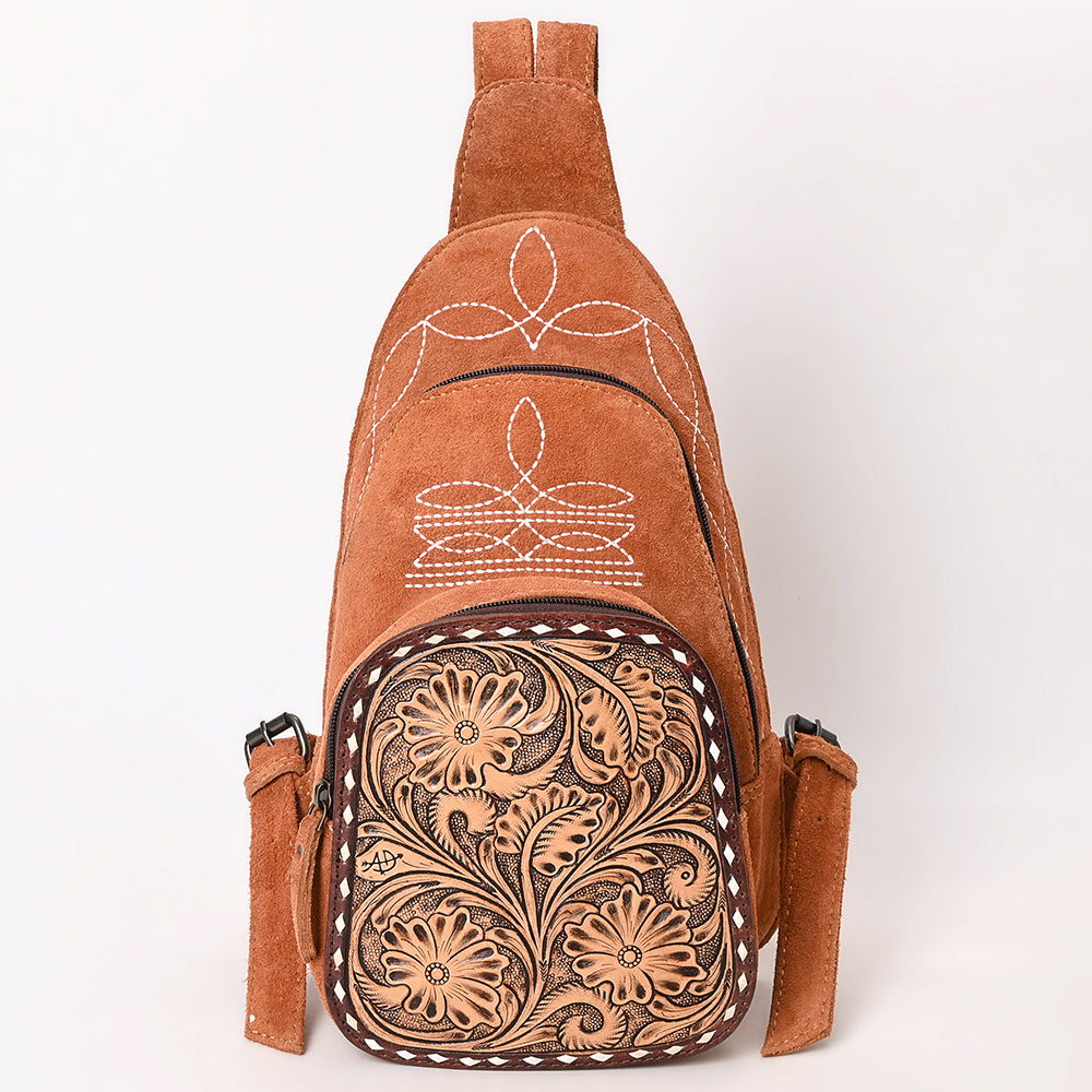 ADBG1573 American Darling Genuine Suede Leather Sling Bag with Hand Tooled Floral Front & Buck Stitch Details