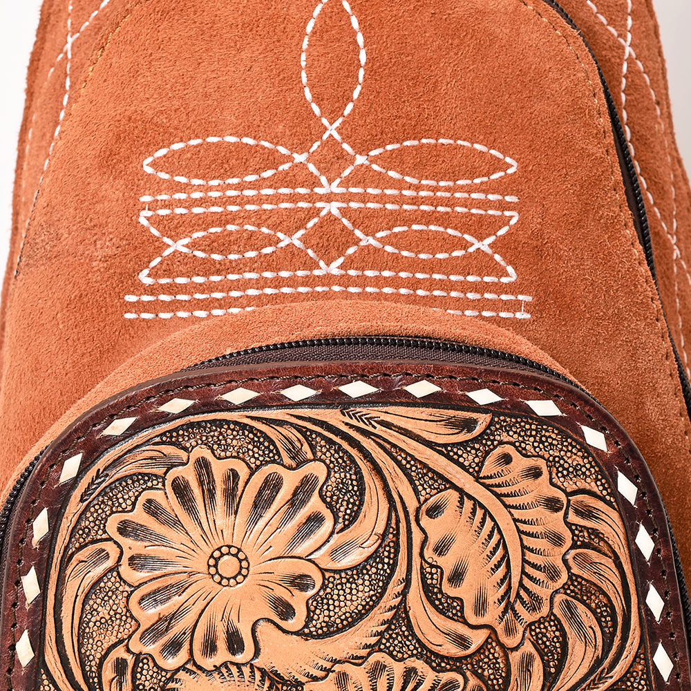 ADBG1573 American Darling Genuine Suede Leather Sling Bag with Hand Tooled Floral Front & Buck Stitch Details
