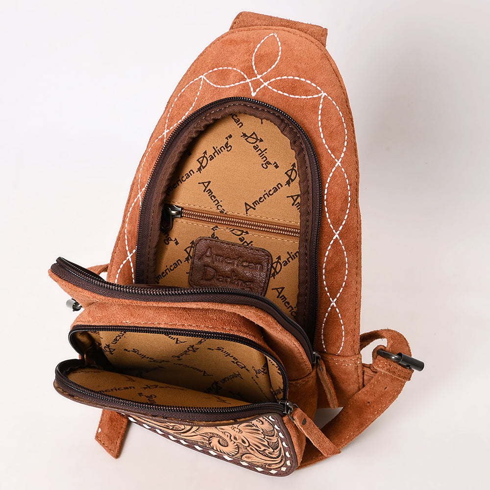 ADBG1573 American Darling Genuine Suede Leather Sling Bag with Hand Tooled Floral Front & Buck Stitch Details
