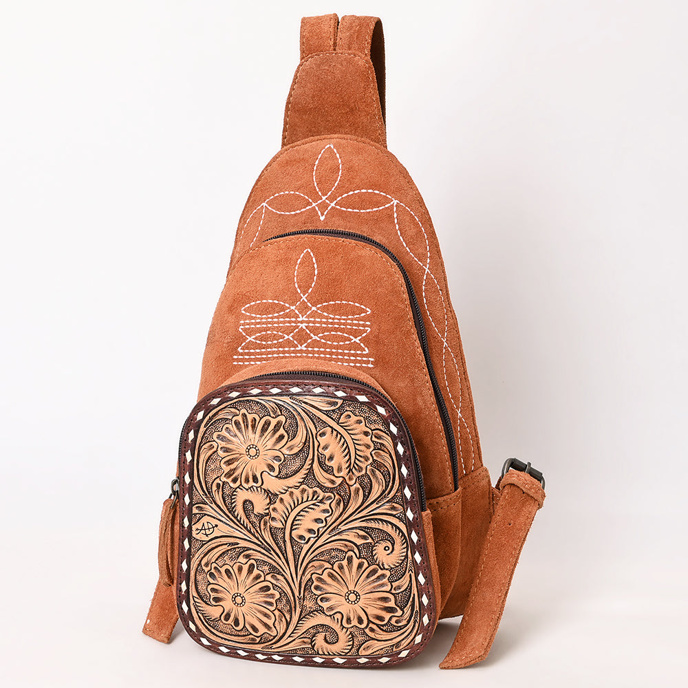 ADBG1573 American Darling Genuine Suede Leather Sling Bag with Hand Tooled Floral Front & Buck Stitch Details