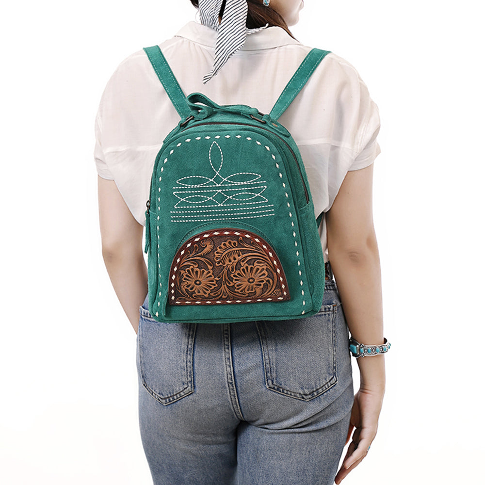 ADBG1574 American Darling Genuine Suede Leather Backpack Bag with Hand Tooled Floral Front & Buck Stitch Accents
