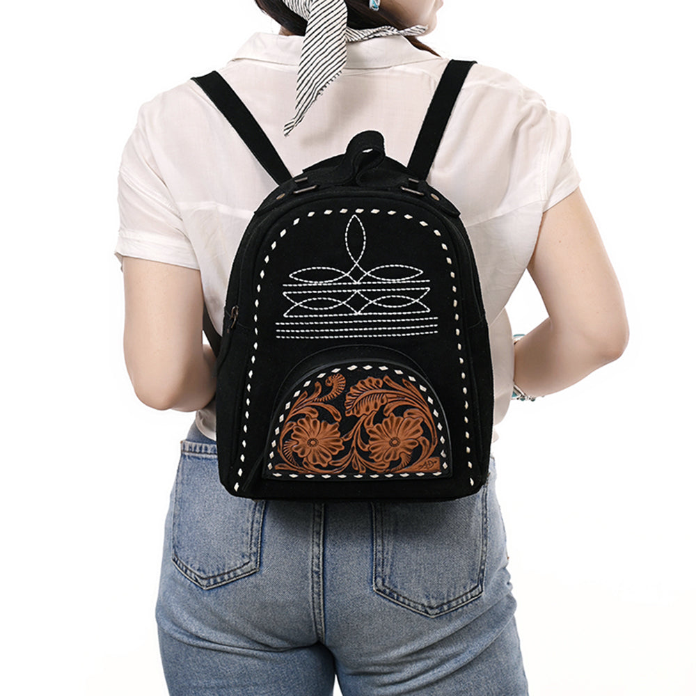 ADBG1574 American Darling Black Suede Genuine Leather Backpack Bag with Hand Tooled Floral Front & Buck Stitch Accents