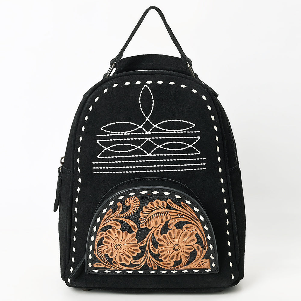 ADBG1574 American Darling Black Suede Genuine Leather Backpack Bag with Hand Tooled Floral Front & Buck Stitch Accents