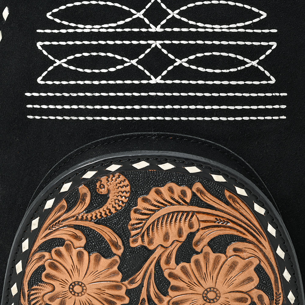 ADBG1574 American Darling Black Suede Genuine Leather Backpack Bag with Hand Tooled Floral Front & Buck Stitch Accents