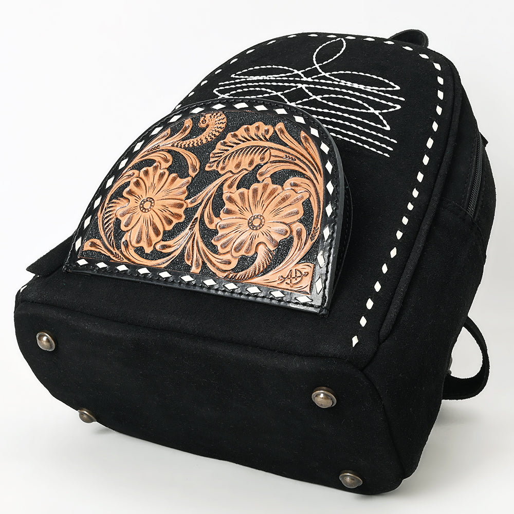 ADBG1574 American Darling Black Suede Genuine Leather Backpack Bag with Hand Tooled Floral Front & Buck Stitch Accents