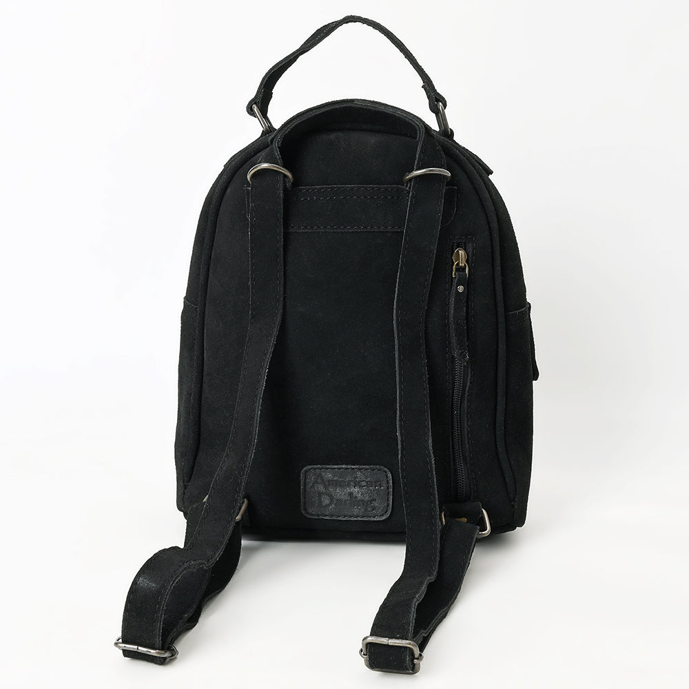 ADBG1574 American Darling Black Suede Genuine Leather Backpack Bag with Hand Tooled Floral Front & Buck Stitch Accents