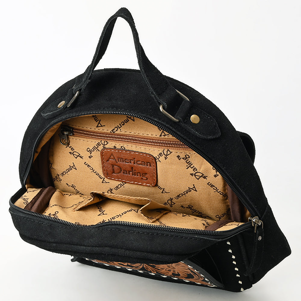 ADBG1574 American Darling Black Suede Genuine Leather Backpack Bag with Hand Tooled Floral Front & Buck Stitch Accents