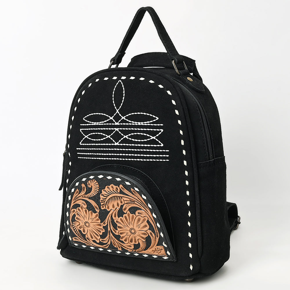 ADBG1574 American Darling Black Suede Genuine Leather Backpack Bag with Hand Tooled Floral Front & Buck Stitch Accents