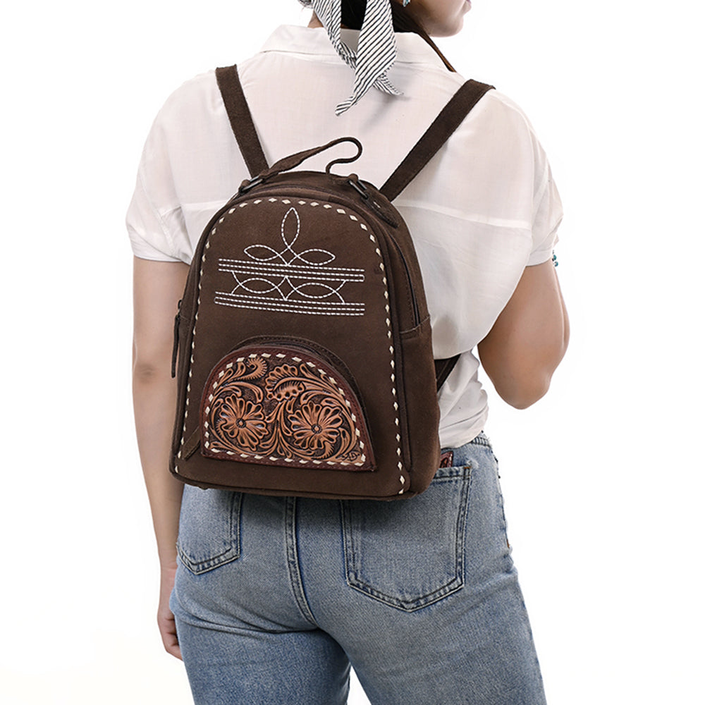 ADBG1574 American Darling Genuine Suede Leather Backpack Bag with Hand Tooled Floral Front & Buck Stitch Accents