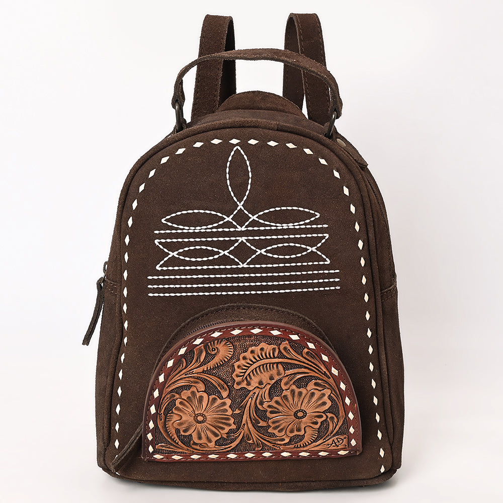 ADBG1574 American Darling Genuine Suede Leather Backpack Bag with Hand Tooled Floral Front & Buck Stitch Accents