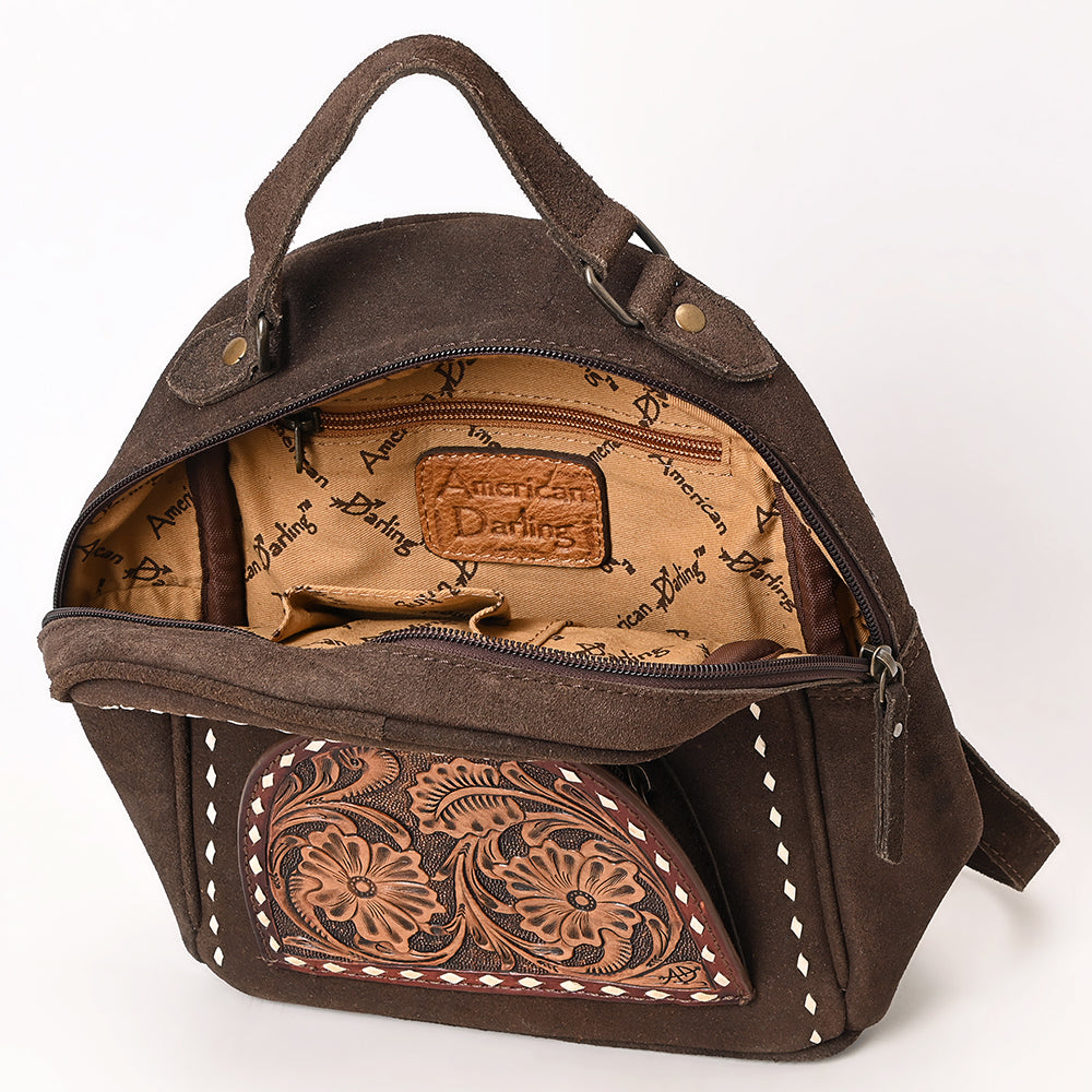 ADBG1574 American Darling Genuine Suede Leather Backpack Bag with Hand Tooled Floral Front & Buck Stitch Accents
