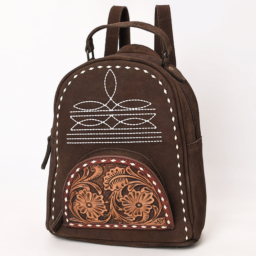 ADBG1574 American Darling Genuine Suede Leather Backpack Bag with Hand Tooled Floral Front & Buck Stitch Accents