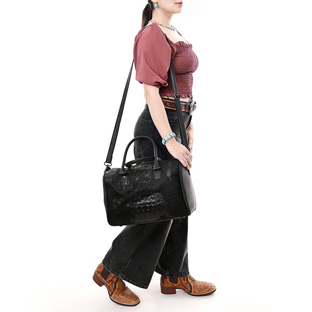 ADBG1562C Black Croc Embossed Leather Barrel Bag - Western Travel & Everyday Purse