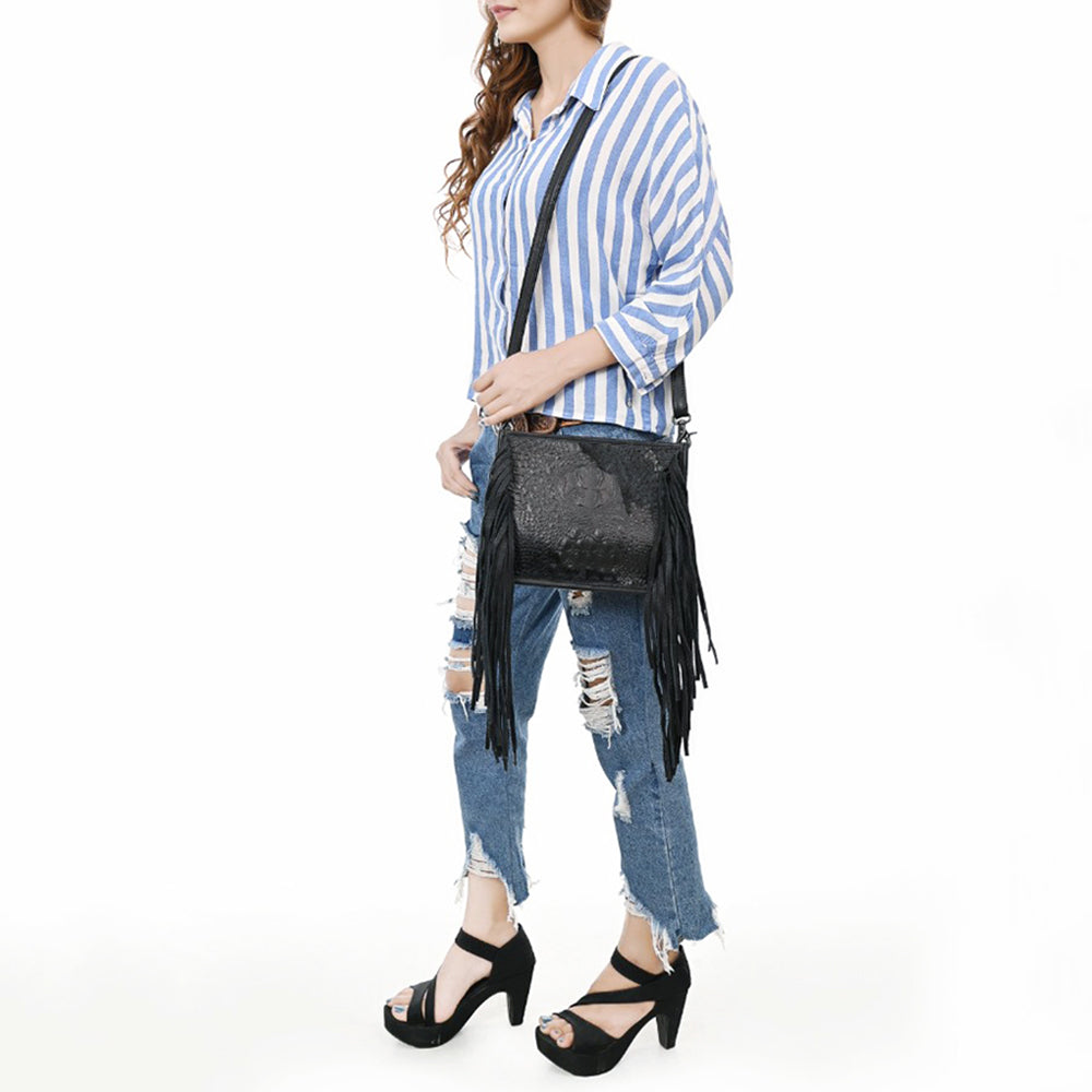 ADBG1565 American Darling Western Leather Crossbody Bag with Fringe & Croc Embossed Detailing - Black