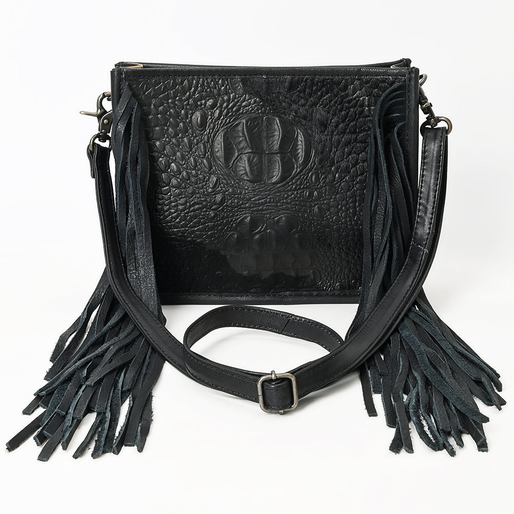 ADBG1565 American Darling Western Leather Crossbody Bag with Fringe & Croc Embossed Detailing - Black