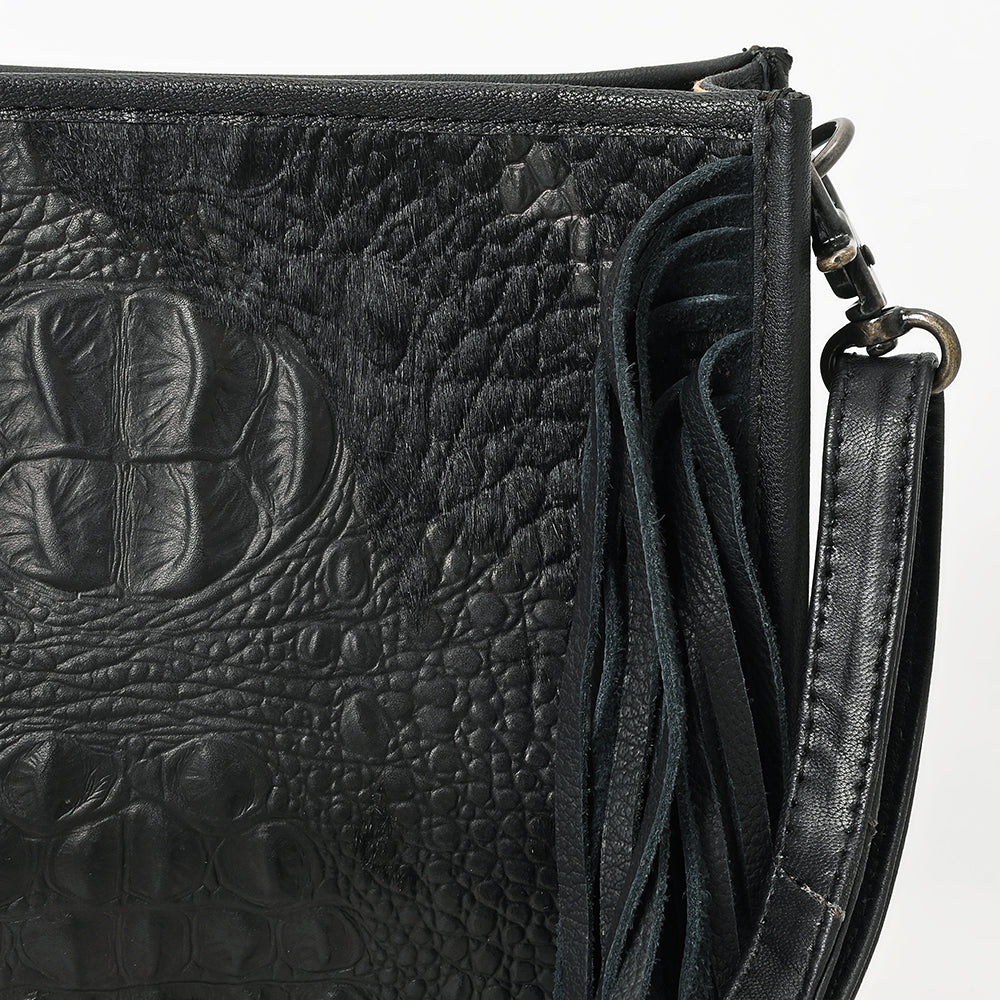 ADBG1565 American Darling Western Leather Crossbody Bag with Fringe & Croc Embossed Detailing - Black