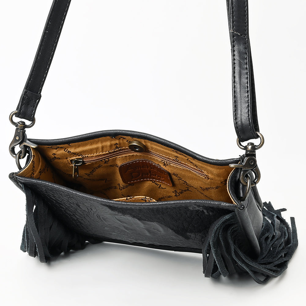 ADBG1565 American Darling Western Leather Crossbody Bag with Fringe & Croc Embossed Detailing - Black