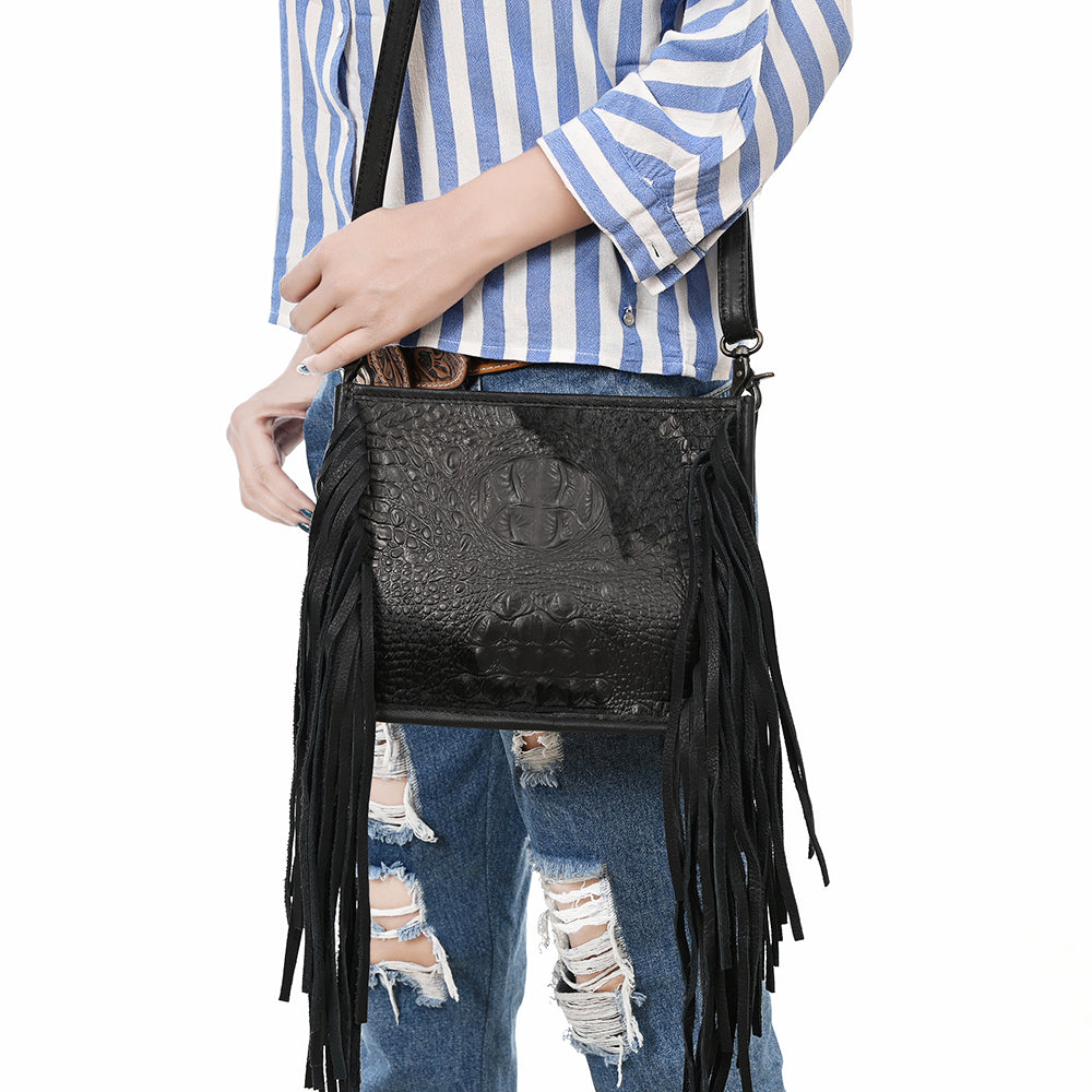 ADBG1565 American Darling Western Leather Crossbody Bag with Fringe & Croc Embossed Detailing - Black