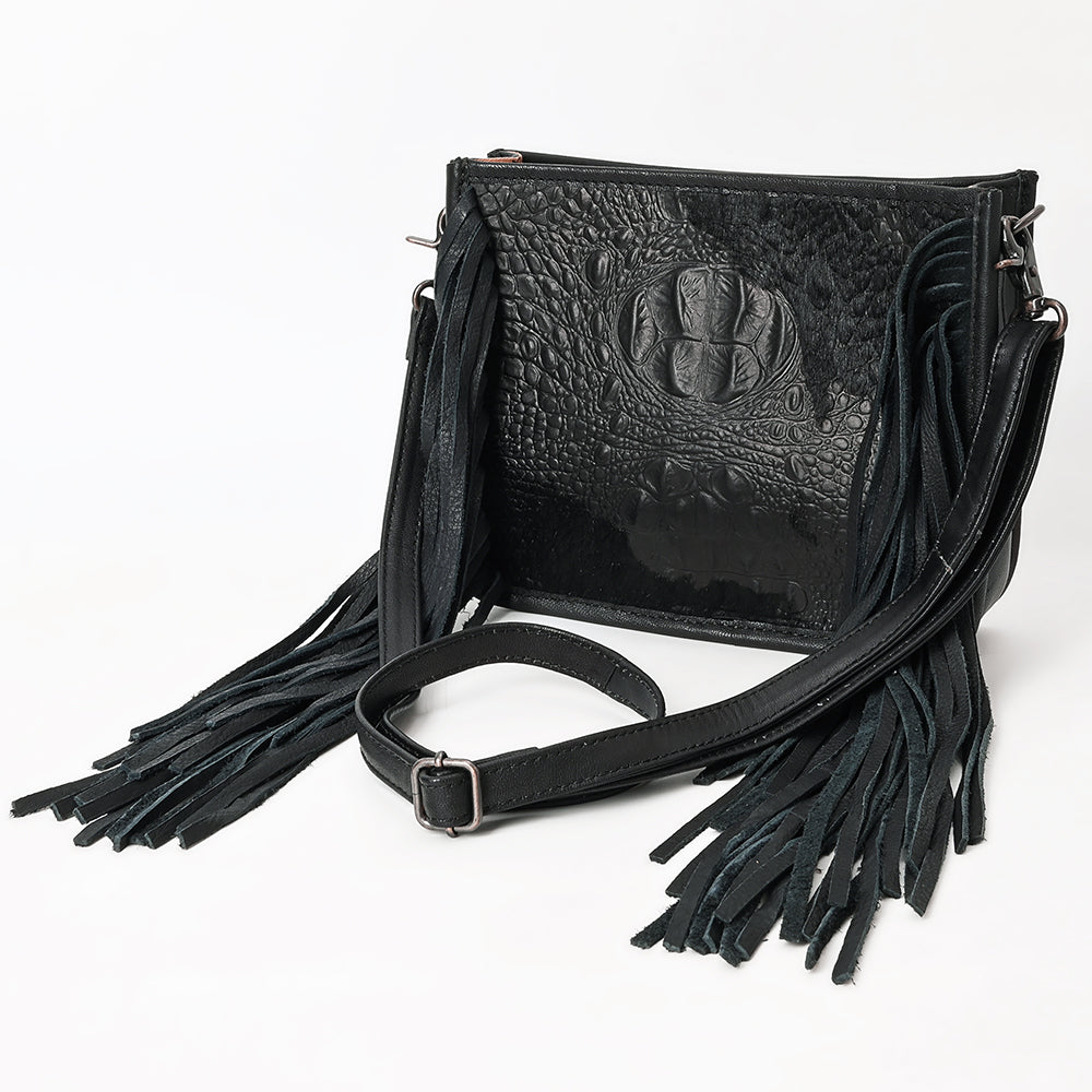 ADBG1565 American Darling Western Leather Crossbody Bag with Fringe & Croc Embossed Detailing - Black
