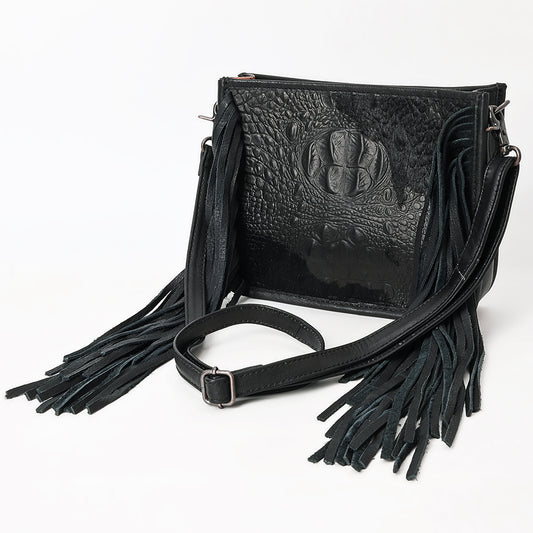 ADBG1565 American Darling Western Leather Crossbody Bag with Fringe & Croc Embossed Detailing - Black