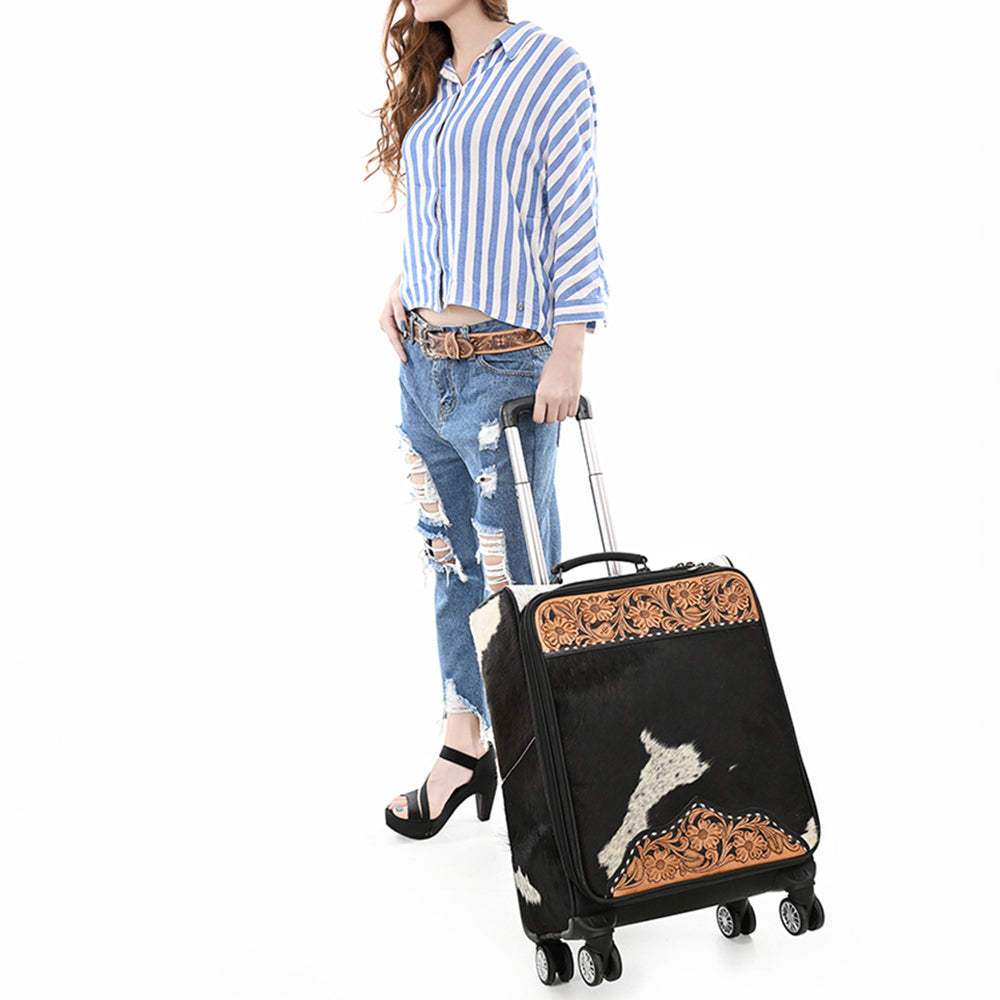 ADBG1576 Western Rolling Luggage - Black & White Hair-On Hide with Floral Tooled Leather