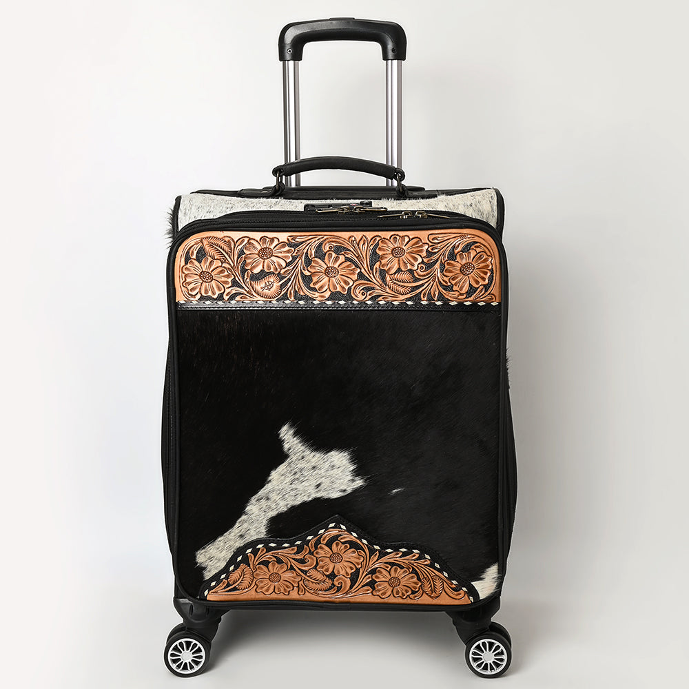 ADBG1576 Western Rolling Luggage - Black & White Hair-On Hide with Floral Tooled Leather