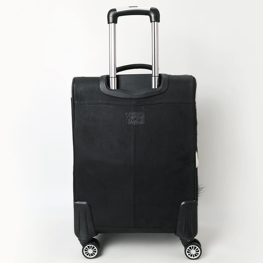 ADBG1576 Western Rolling Luggage - Black & White Hair-On Hide with Floral Tooled Leather