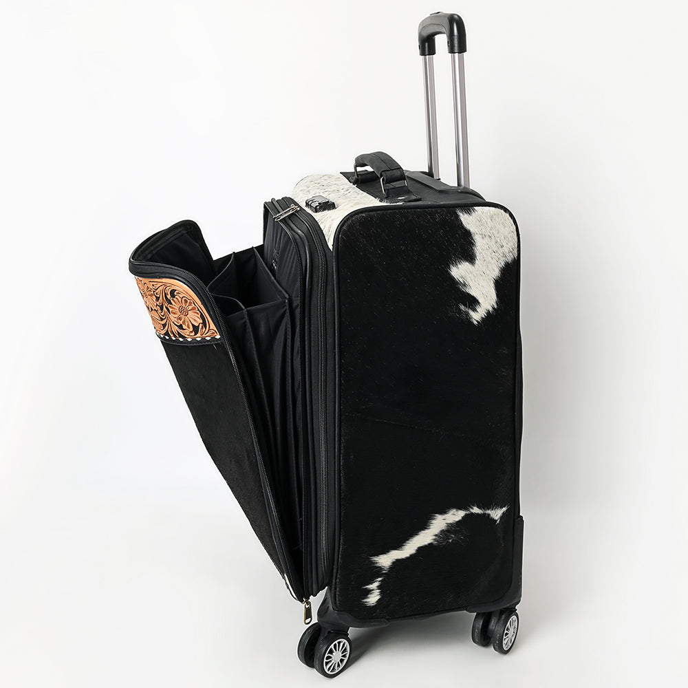 ADBG1576 Western Rolling Luggage - Black & White Hair-On Hide with Floral Tooled Leather