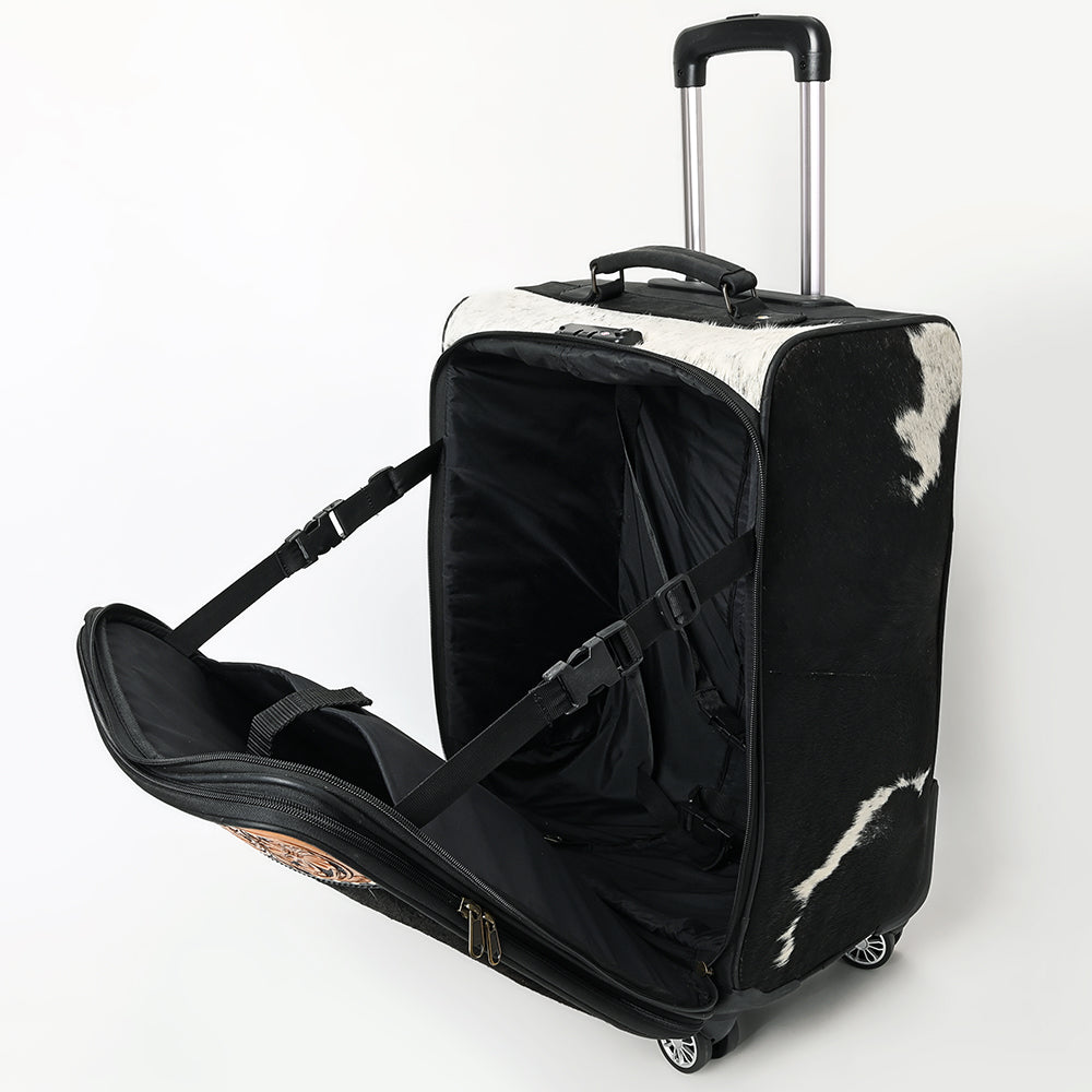 ADBG1576 Western Rolling Luggage - Black & White Hair-On Hide with Floral Tooled Leather