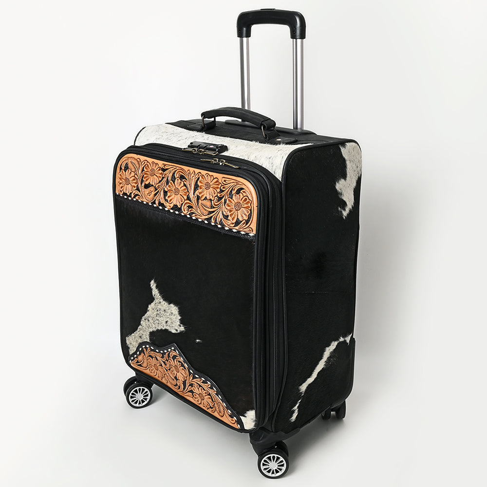 ADBG1576 Western Rolling Luggage - Black & White Hair-On Hide with Floral Tooled Leather