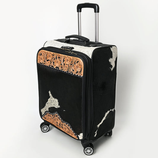 ADBG1576 Western Rolling Luggage - Black & White Hair-On Hide with Floral Tooled Leather