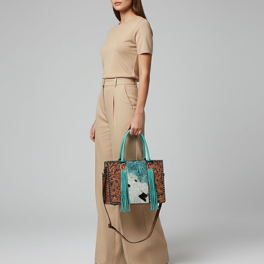ADBG1578 Turquoise Cowhide Tote - Tooled Leather & Fringe Accents