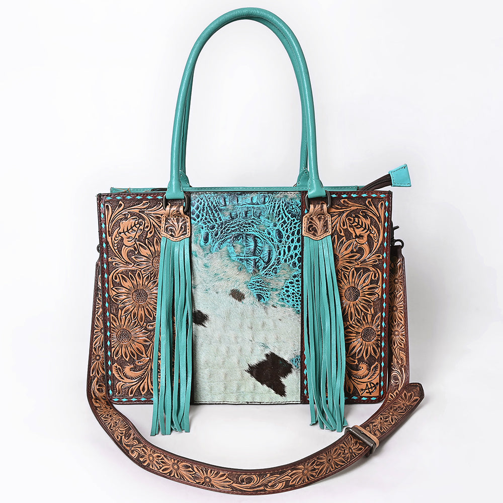 ADBG1578 Turquoise Cowhide Tote - Tooled Leather & Fringe Accents