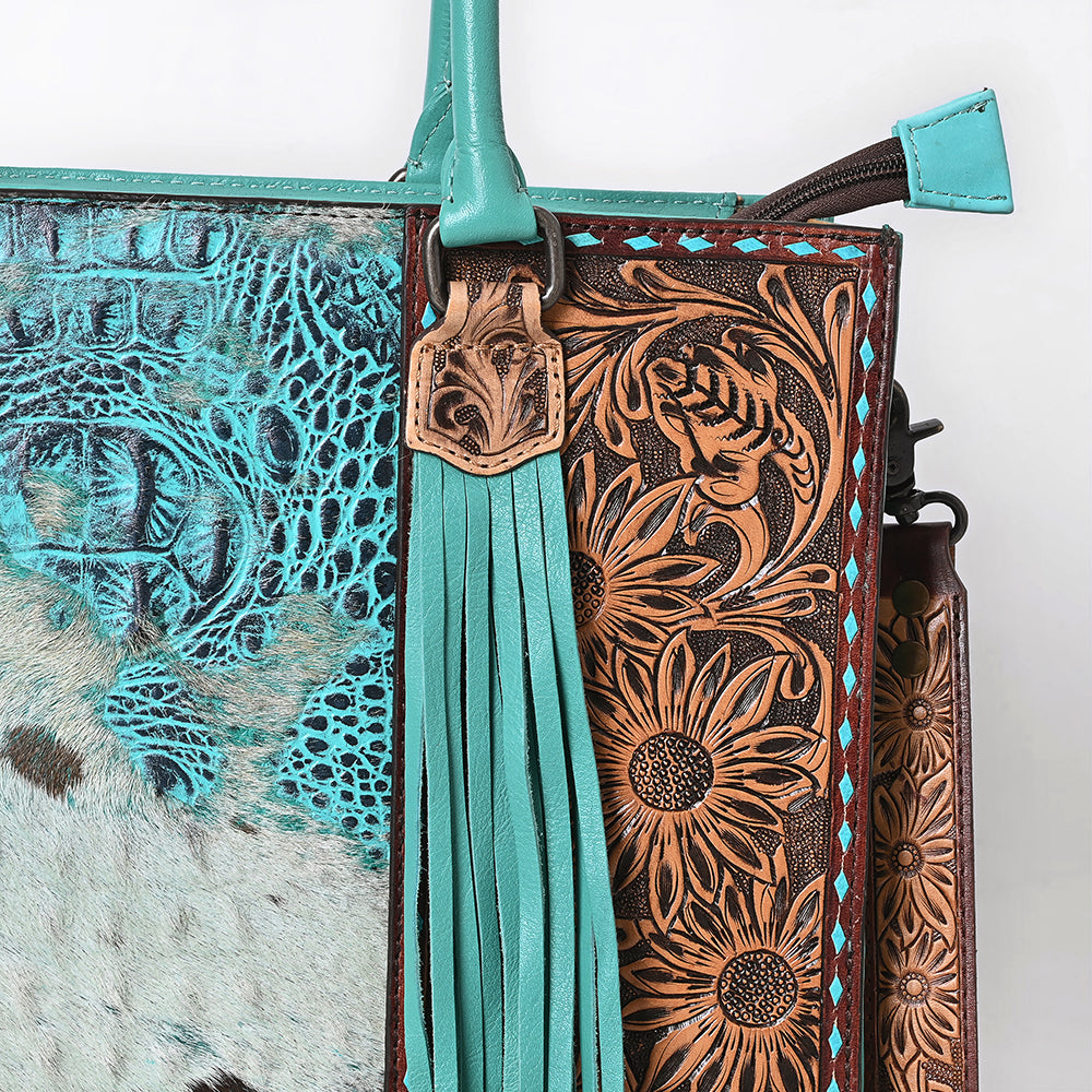 ADBG1578 Turquoise Cowhide Tote - Tooled Leather & Fringe Accents