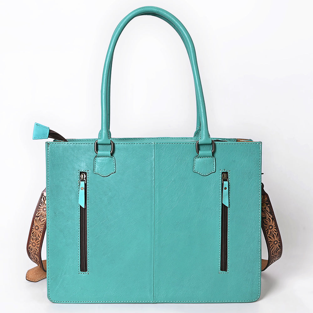 ADBG1578 Turquoise Cowhide Tote - Tooled Leather & Fringe Accents
