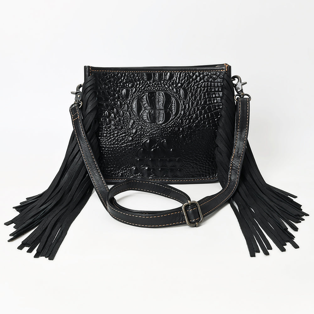 ADBG1579 American Darling Western Genuine Leather Cross Body Bag with Fringes and Crocodile Embossed Detailing
